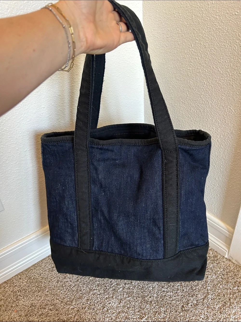 Lands' End Dark Blue Denim and Black Canvas Messenger Tote